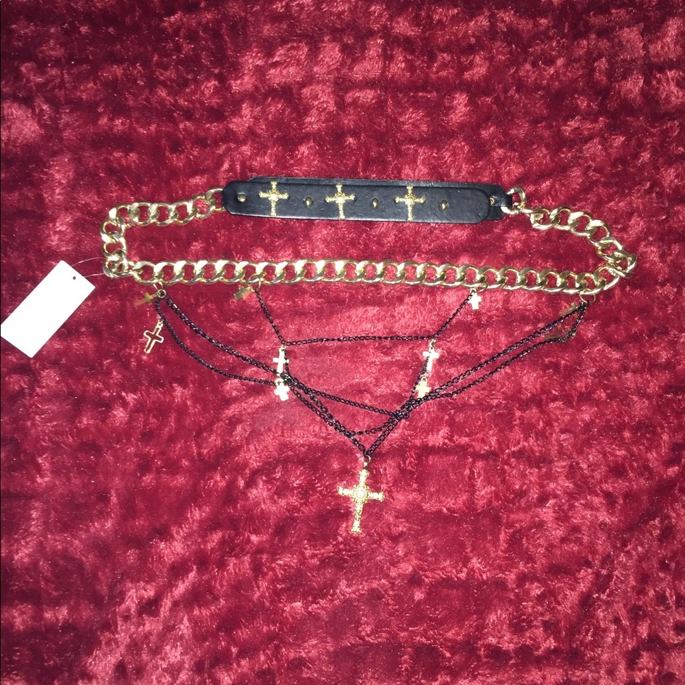 Black and gold chain leather belt.